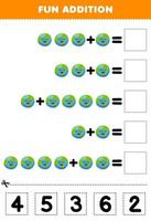 Education game for children fun addition by cut and match correct number for cute cartoon earth planet printable solar system worksheet vector