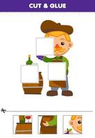 Education game for children cut and glue cut parts of cute cartoon winemaker carrying grape beside wooden barrel printable farm worksheet vector