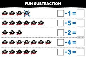 Education game for children fun subtraction by counting cute cartoon black pirate hat in each row and eliminating it printable halloween worksheet vector