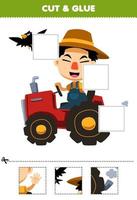 Education game for children cut and glue cut parts of cute cartoon farmer driving tractor printable farm worksheet vector