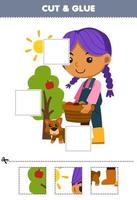 juego educativo para niños cortar y pegar partes cortadas de un lindo granjero de dibujos animados que lleva una canasta de frutas al lado de una hoja de trabajo de granja imprimible para perros vector