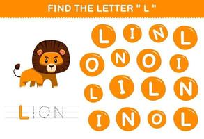 Education game for children find the letter L with cute cartoon animal orange lion printable worksheet vector