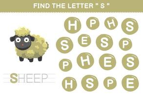 Education game for children find the letter S with cute cartoon animal sheep printable worksheet vector