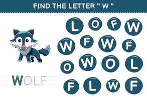 juego educativo para niños encuentra la letra w con una linda hoja de trabajo imprimible animal de dibujos animados lobo azul vector