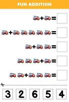 Education game for children fun addition by cut and match correct number for cute cartoon firetruck printable transportation worksheet vector