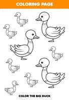 Education game for children coloring page big or small picture of cute cartoon duck line art printable farm worksheet vector
