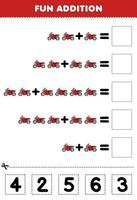 Education game for children fun addition by cut and match correct number for cute cartoon motorbike printable transportation worksheet vector