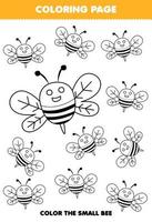 Education game for children coloring page big or small picture of cute cartoon bee line art printable farm worksheet vector