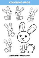 Education game for children coloring page big or small picture of cute cartoon rabbit line art printable farm worksheet vector