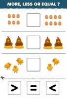 Education game for children more less or equal count the amount of cute cartoon egg chicken hen chick then cut and glue cut the correct sign farm worksheet vector