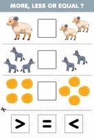 Education game for children more less or equal count the amount of cute cartoon sheep donkey hay then cut and glue cut the correct sign farm worksheet vector