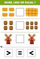 Education game for children more less or equal count the amount of cute cartoon hay barrel windmill then cut and glue cut the correct sign farm worksheet vector