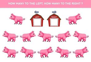 Education game for children of counting left and right picture of cute cartoon pig printable farm worksheet vector