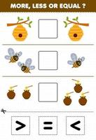 Education game for children more less or equal count the amount of cute cartoon bee beehive honey then cut and glue cut the correct sign farm worksheet vector