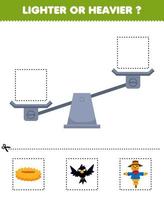 Education game for children lighter or heavier cut pictures below and glue to the right box with cute cartoon nest crow scarecrow printable farm worksheet vector