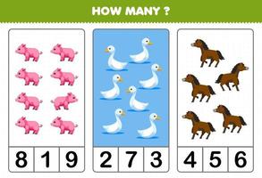 Education game for children counting how many cute cartoon pig goose horse printable farm worksheet vector