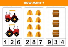 juego educativo para niños contando cuántos dibujos animados lindo tractor pajar barril hoja de trabajo de granja imprimible vector