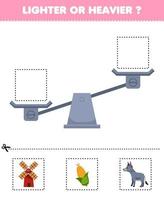 Education game for children lighter or heavier cut pictures below and glue to the right box with cute cartoon windmill corn donkey printable farm worksheet vector