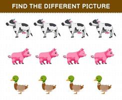 Education game for children find the different picture in each row of cute cartoon cow pig duck printable farm worksheet vector