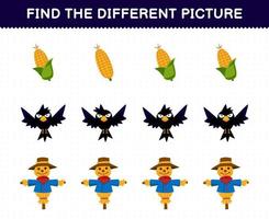 juego educativo para niños encuentra la imagen diferente en cada fila de la hoja de trabajo imprimible de la granja del espantapájaros del cuervo de maíz de dibujos animados lindo vector