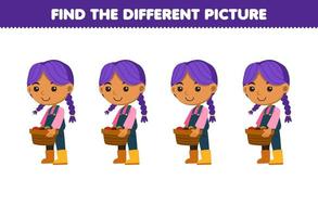 Education game for children find the different picture of cute cartoon farmer girl carrying fruit basket printable farm worksheet vector