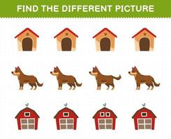 Education game for children find the different picture in each row of cute cartoon kennel dog barn printable farm worksheet vector