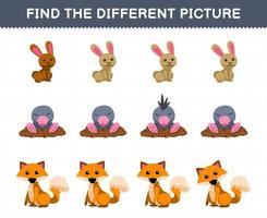 Education game for children find the different picture in each row of cute cartoon rabbit mole fox printable farm worksheet vector