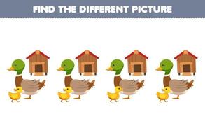 Education game for children find the different picture of cute cartoon duck and duckling in front of the coop printable farm worksheet vector