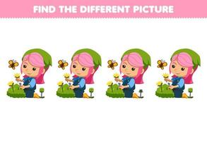 Education game for children find the different picture of cute cartoon florist girl picking flowers beside butterfly printable farm worksheet vector