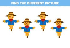 Education game for children find the different picture of cute cartoon scarecrow printable farm worksheet vector