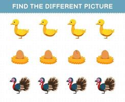 Education game for children find the different picture in each row of cute cartoon duck egg turkey printable farm worksheet vector