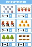 Education game for children fun subtraction by counting and eliminating cute cartoon bucket windmill woodcutter haystack tree wood log printable farm worksheet vector