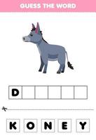 juego educativo para niños adivinar las letras de las palabras practicando la hoja de trabajo de la granja imprimible del burro de dibujos animados lindo vector