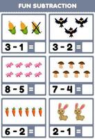 Education game for children fun subtraction by counting and eliminating cute cartoon corn crow pig mushroom carrot rabbit printable farm worksheet vector