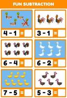 juego educativo para niños diversión resta contando y eliminando dibujos animados lindo pato pollo pavo ganso hoja de trabajo de granja imprimible vector