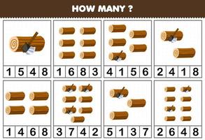 Education game for children counting how many objects in each table of cartoon wood log printable farm worksheet vector