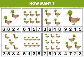 Education game for children counting how many objects in each table of cartoon duck printable farm worksheet vector