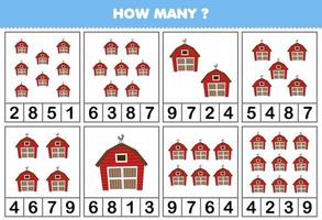 Education game for children counting how many objects in each table of cartoon barn printable farm worksheet vector