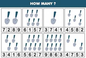 Education game for children counting how many objects in each table of cartoon shovel printable farm worksheet vector