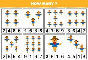 Education game for children counting how many objects in each table of cartoon scarecrow printable farm worksheet vector