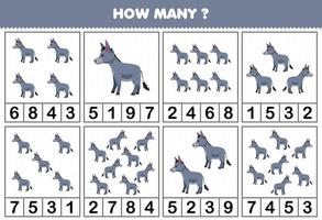 Education game for children counting how many objects in each table of cartoon donkey printable farm worksheet vector