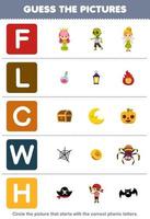 juego educativo para niños adivinar la imagen correcta para la palabra fónica que comienza con las letras flcw y h hoja de trabajo imprimible de halloween vector