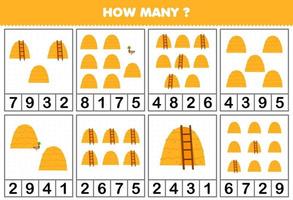 Education game for children counting how many objects in each table of cartoon haystack printable farm worksheet vector