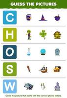 Education game for children guess the correct picture for phonic word that starts with letter C H O S and W printable halloween worksheet vector