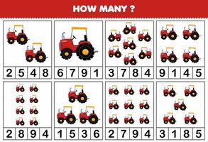 Education game for children counting how many objects in each table of cartoon tractor printable farm worksheet vector