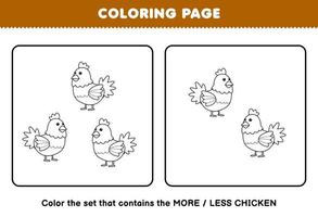 Education game for children coloring page more or less picture of cute cartoon hen chicken line art set printable farm worksheet vector