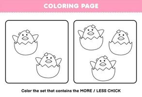 juego educativo para niños página para colorear más o menos imagen de lindo pollito de dibujos animados escotilla de pollo del juego de arte de línea de huevo hoja de trabajo de granja imprimible vector