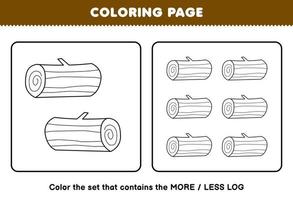 Education game for children coloring page more or less picture of cute cartoon wood log line art set printable farm worksheet vector