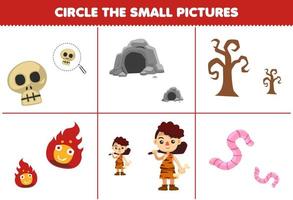 Education game for children circle the small picture of cute cartoon skull cave tree fire caveman worm printable halloween worksheet vector