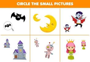 Education game for children circle the small picture of cute cartoon bat moon dracula castle voodoo doll queen printable halloween worksheet vector